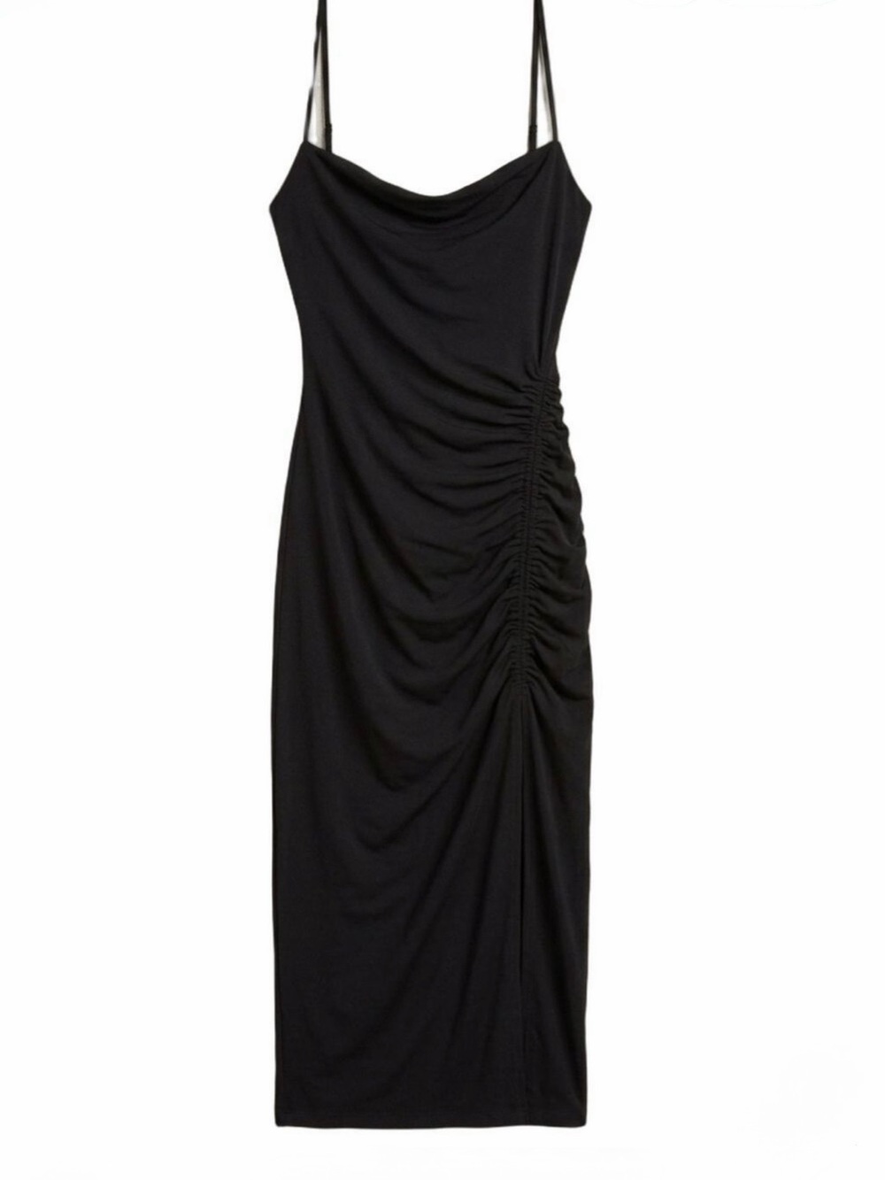 Zara Black Ruched Slip Midi Dress with Cowl Neck